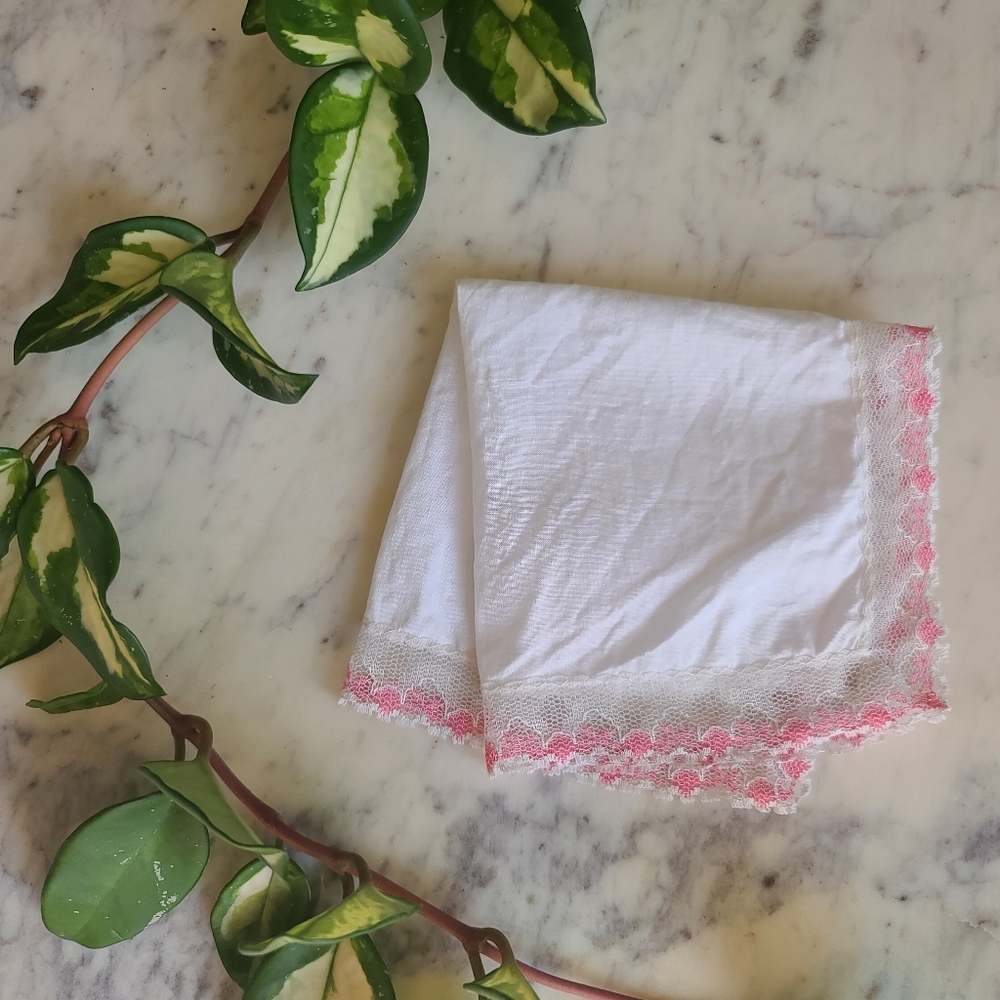 Vintage Handmade Pink Lace Trimmed White Handkerchief 10"x10"